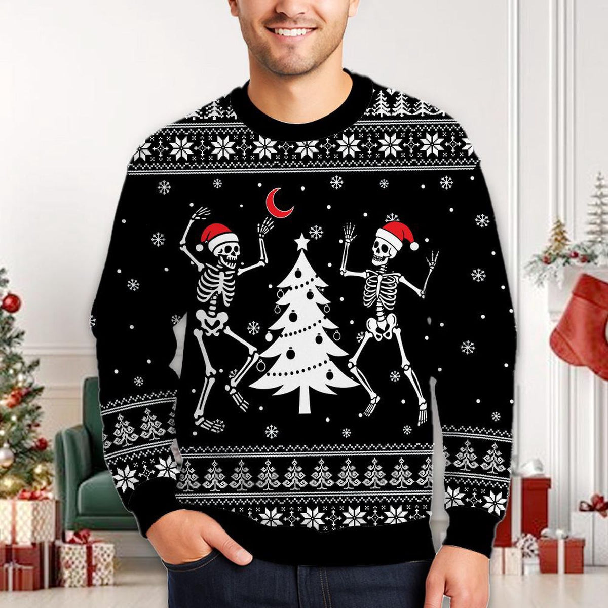 Funny Skeleton Dancing Christmas Sweatshirt For Men Women, Fake Ugly Christmas Sweater, Black Gothic Holiday Pullover, Festive Spooky Gift