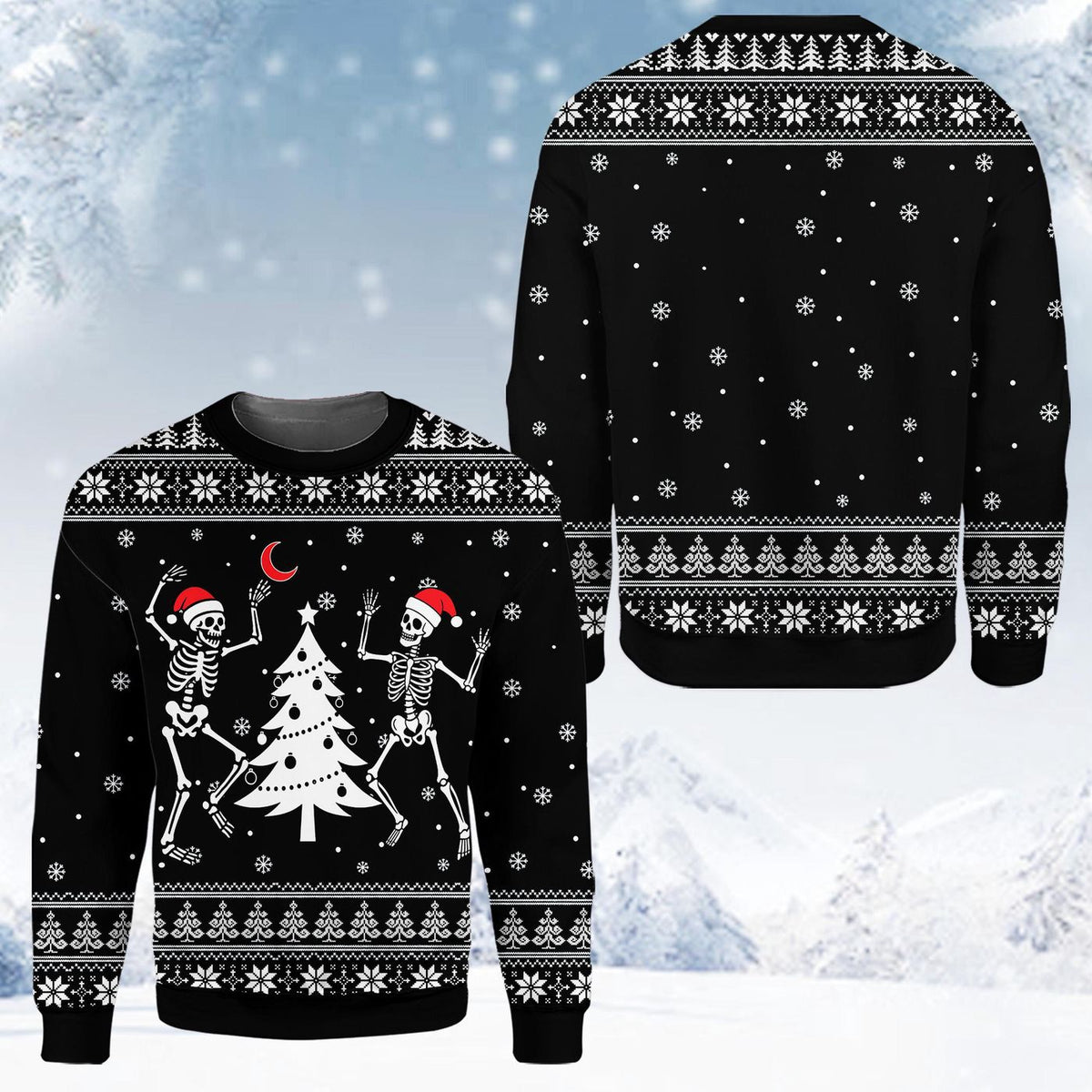 Funny Skeleton Dancing Christmas Sweatshirt For Men Women, Fake Ugly Christmas Sweater, Black Gothic Holiday Pullover, Festive Spooky Gift