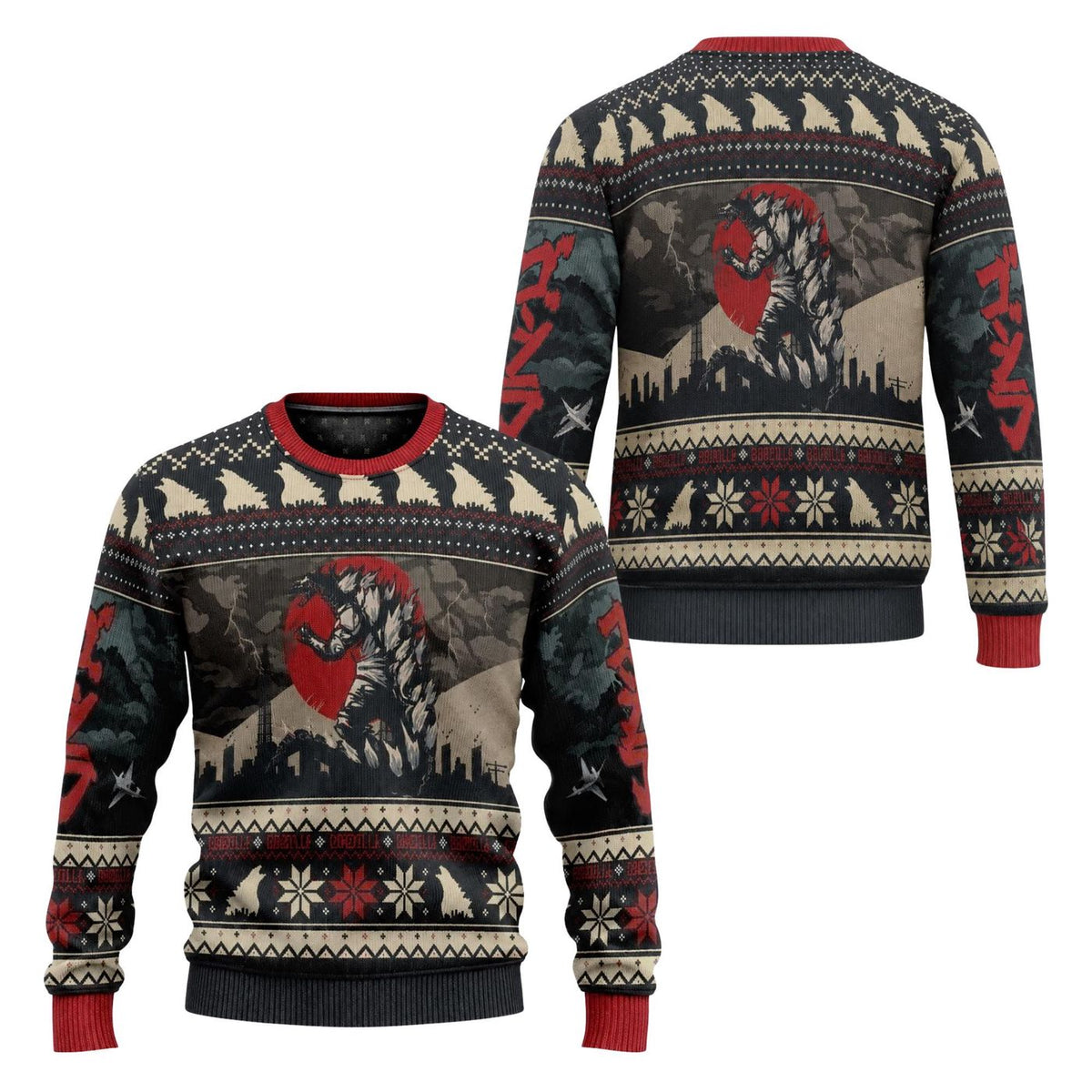 Godzilla Japanese Christmas Sweater Kaiju Ugly Xmas Jumper Monster Movie Fan Gift