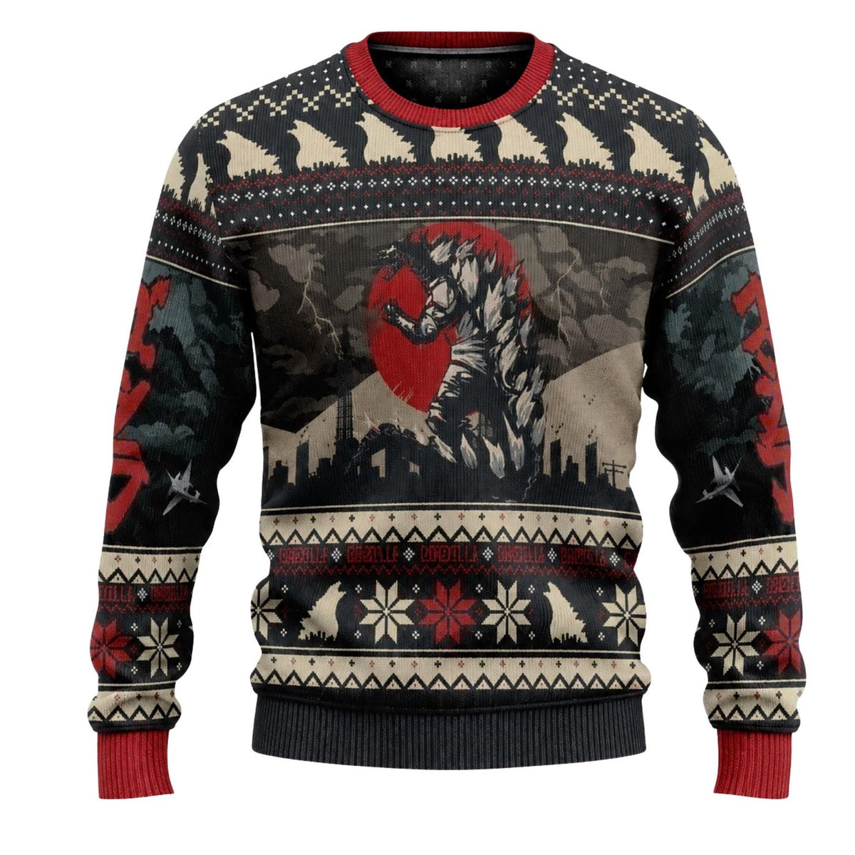 Godzilla Japanese Christmas Sweater Kaiju Ugly Xmas Jumper Monster Movie Fan Gift