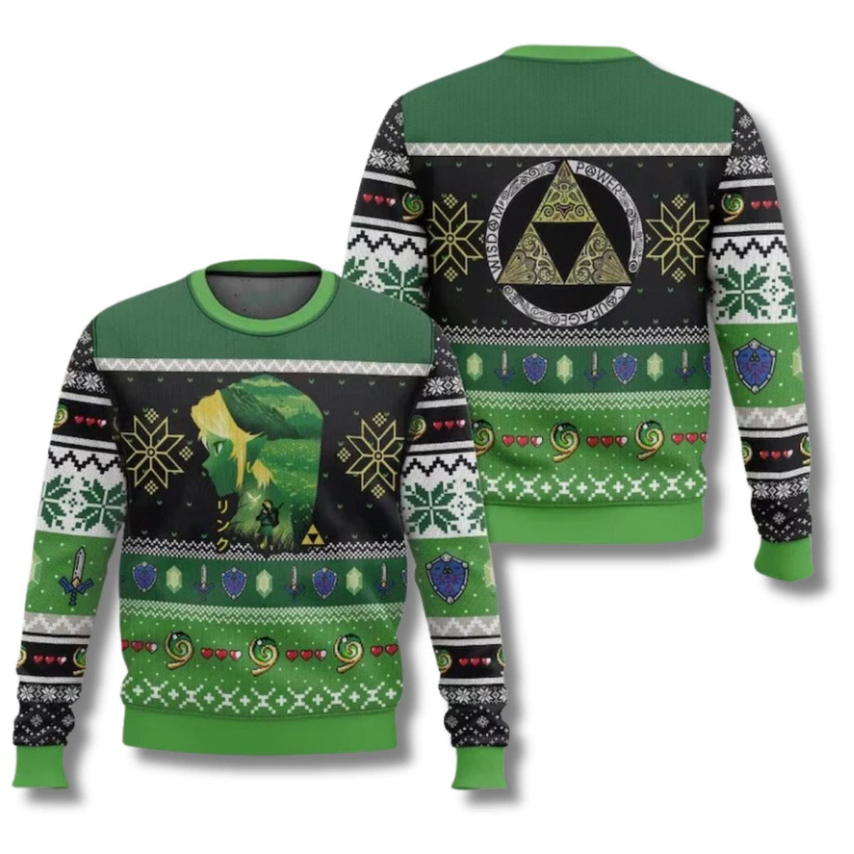Green Elf Hero Ugly Christmas Sweater Fantasy Gamer Holiday Jumper Triforce Style Knit Geeky Winter Crewneck Unisex Nerd Gift Idea