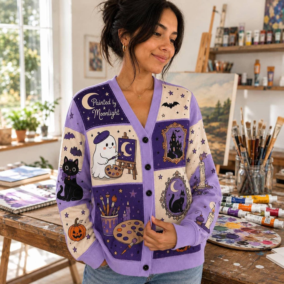 Halloween Artist Cardigan: Purple Ghost, Cat and Moonlight Painting Knit Sweater