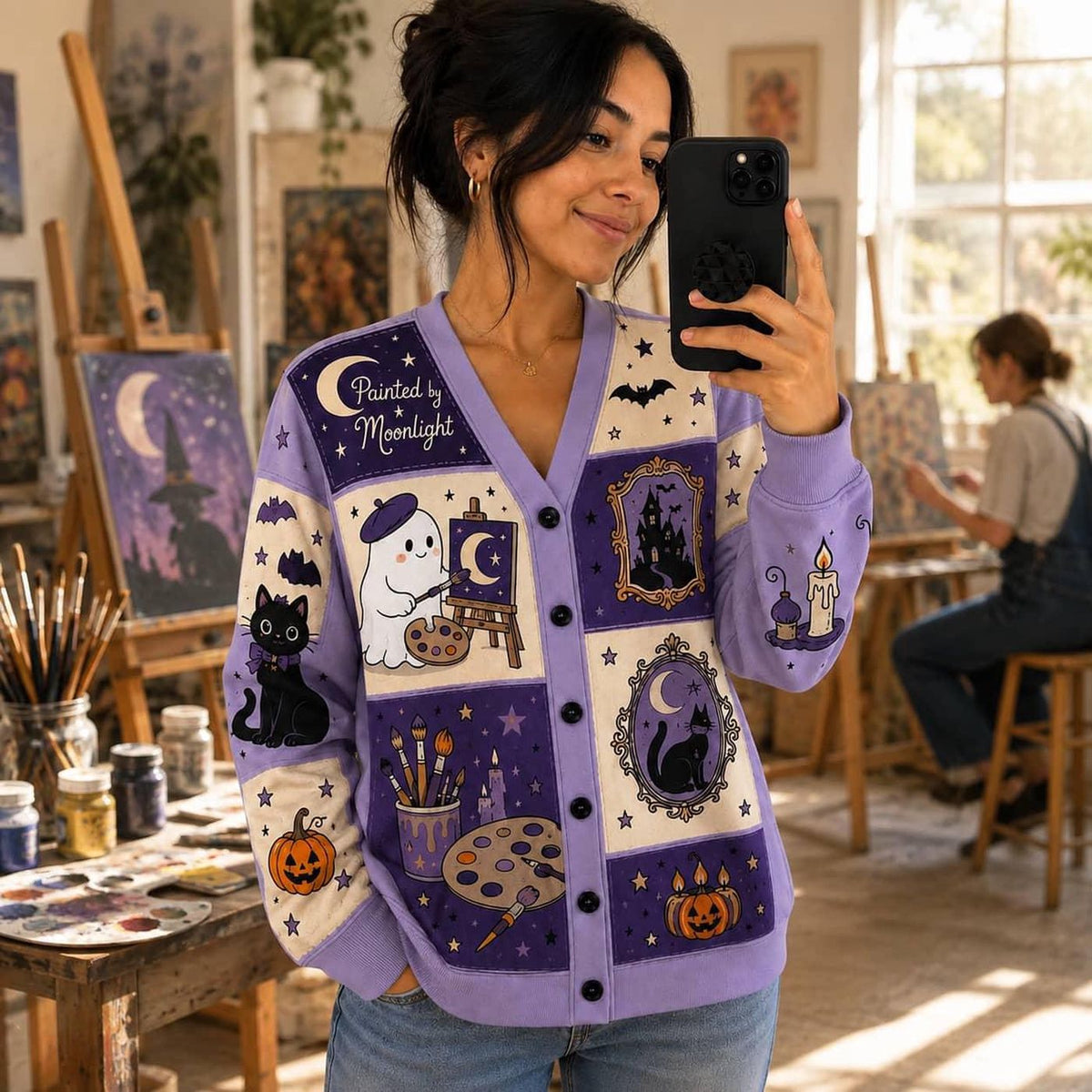 Halloween Artist Cardigan: Purple Ghost, Cat and Moonlight Painting Knit Sweater