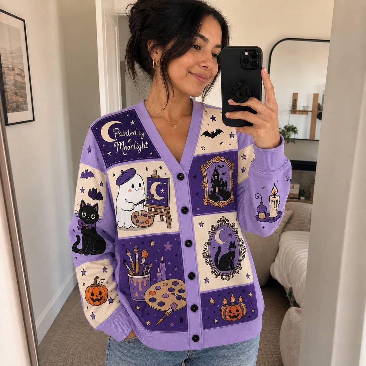 Halloween Artist Cardigan: Purple Ghost, Cat and Moonlight Painting Knit Sweater