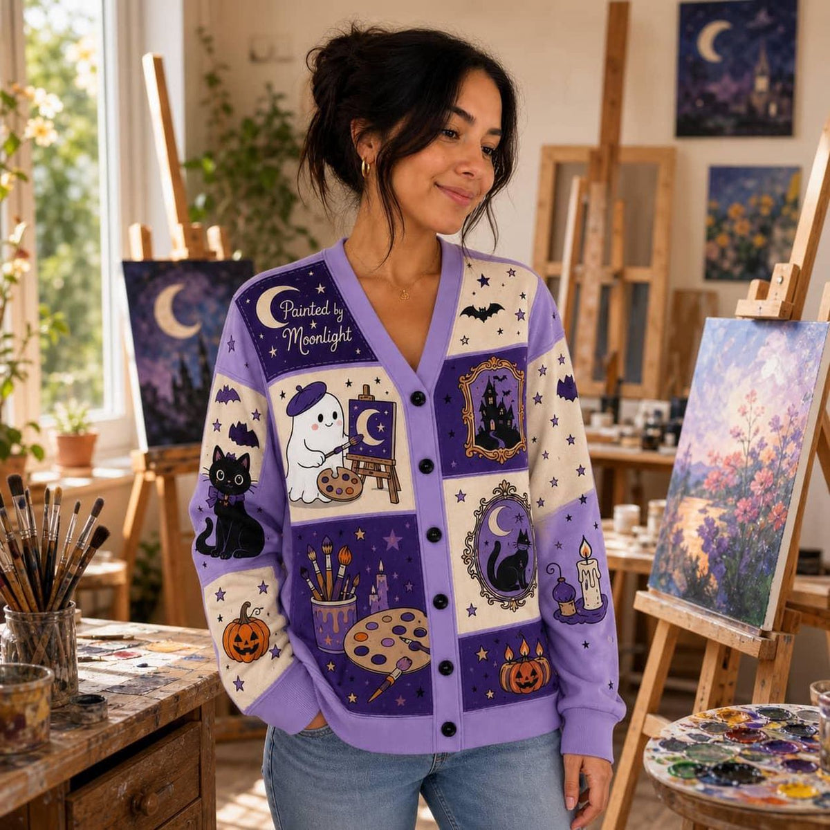 Halloween Artist Cardigan: Purple Ghost, Cat and Moonlight Painting Knit Sweater