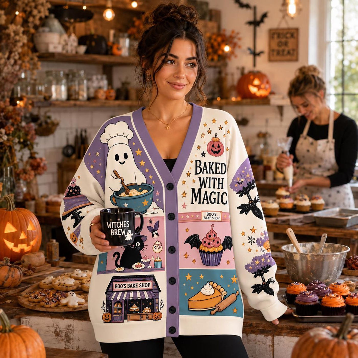 Halloween Baker Cardigan: Knitted Ghost and Pastry Baking Sweater