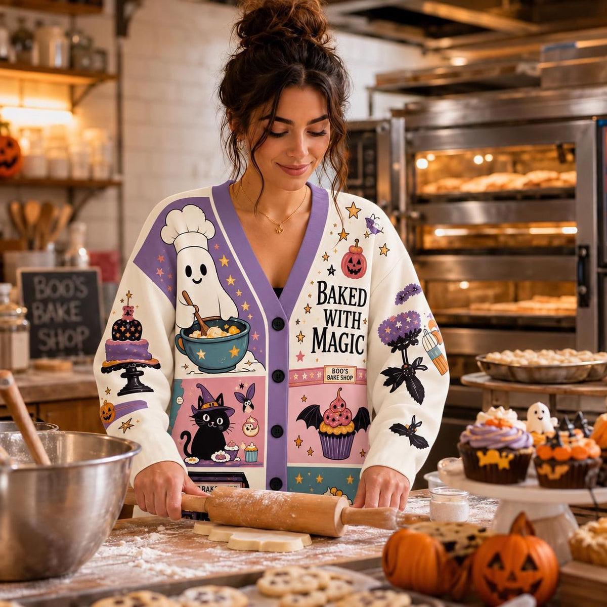 Halloween Baker Cardigan: Knitted Ghost and Pastry Baking Sweater