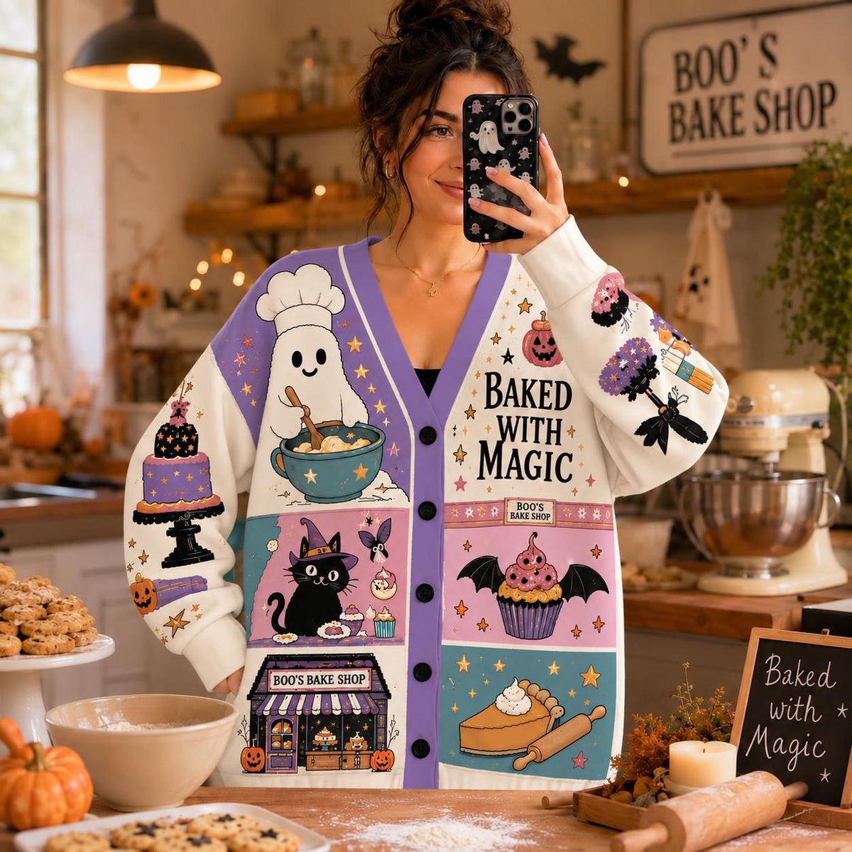 Halloween Baker Cardigan: Knitted Ghost and Pastry Baking Sweater