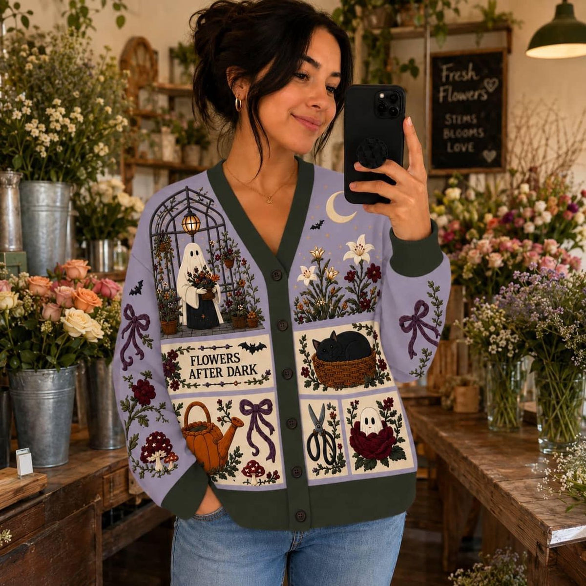 Halloween Cardigan: Ghost, Floral and Garden Motif Knit Sweater