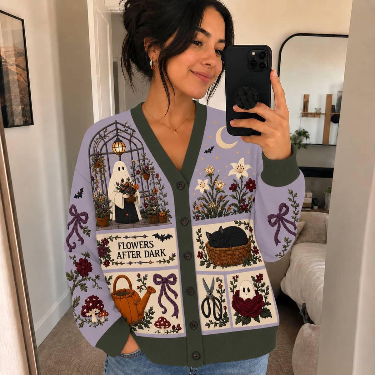 Halloween Cardigan: Ghost, Floral and Garden Motif Knit Sweater