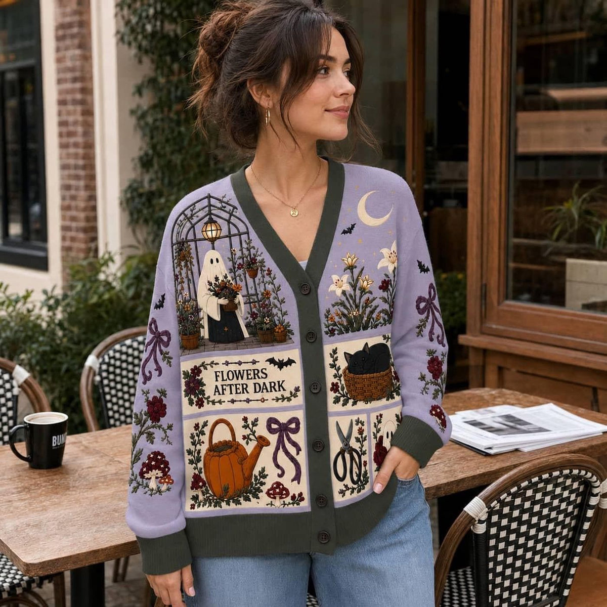 Halloween Cardigan: Ghost, Floral and Garden Motif Knit Sweater