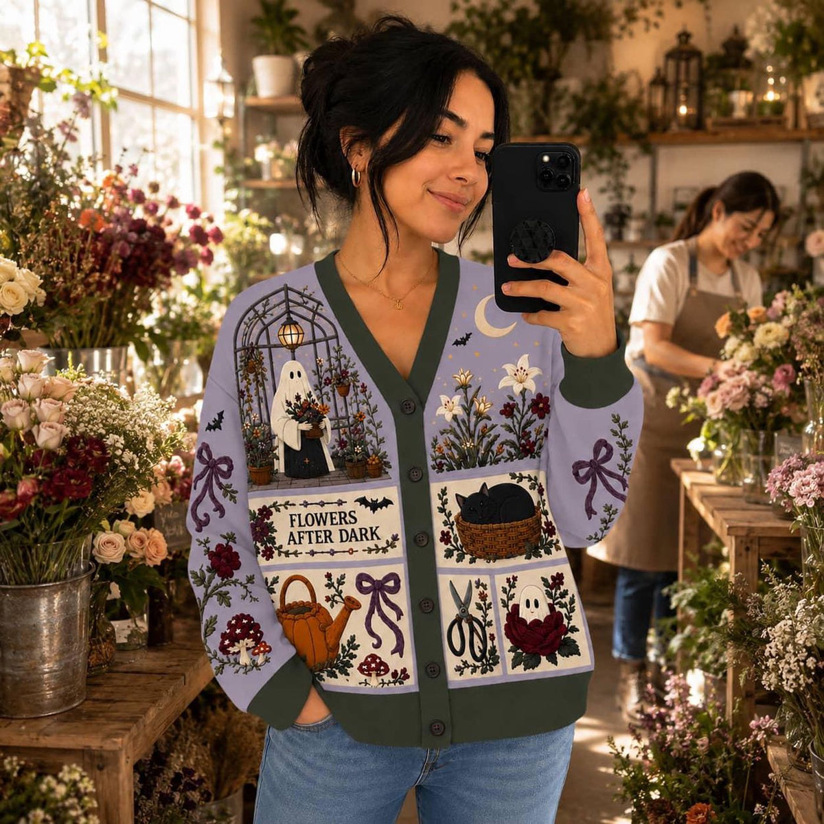 Halloween Cardigan: Ghost, Floral and Garden Motif Knit Sweater