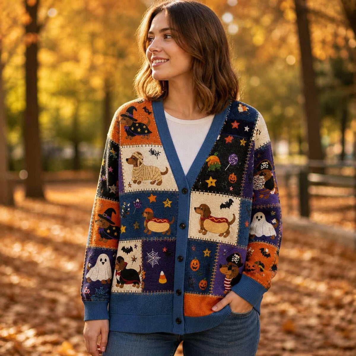 Halloween Dachshund Cardigan: Costume Doxie Patchwork Button Up Sweater