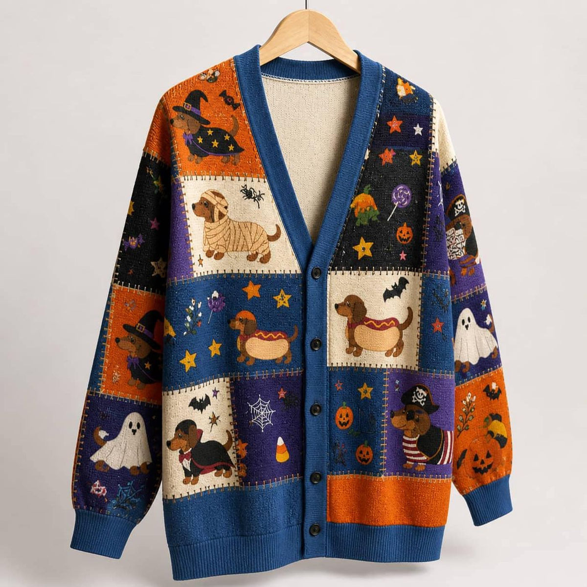 Halloween Dachshund Cardigan: Costume Doxie Patchwork Button Up Sweater
