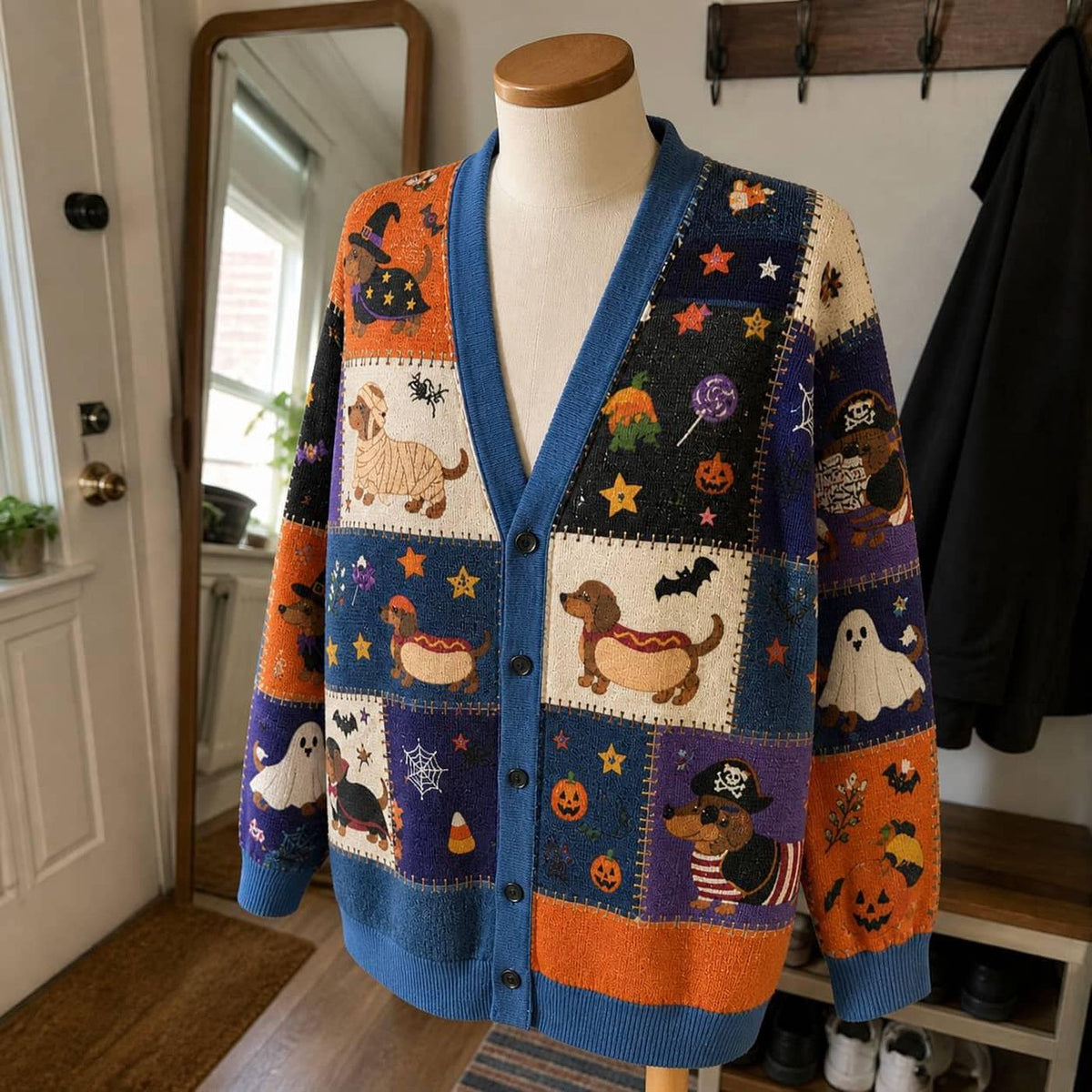 Halloween Dachshund Cardigan: Costume Doxie Patchwork Button Up Sweater