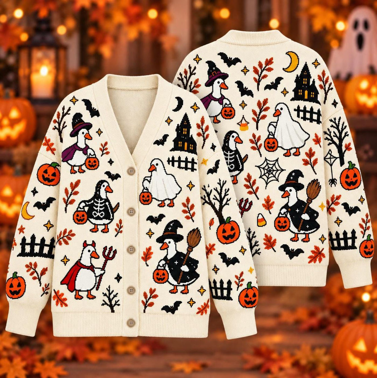Halloween Goose Cardigan, Spooky Goose Sweater, Pumpkin Witch Bird Gift for Men Women