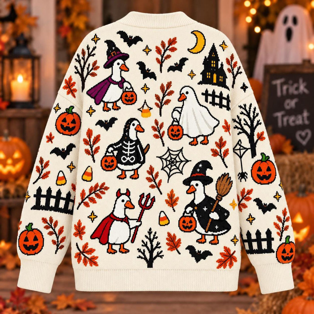 Halloween Goose Cardigan, Spooky Goose Sweater, Pumpkin Witch Bird Gift for Men Women