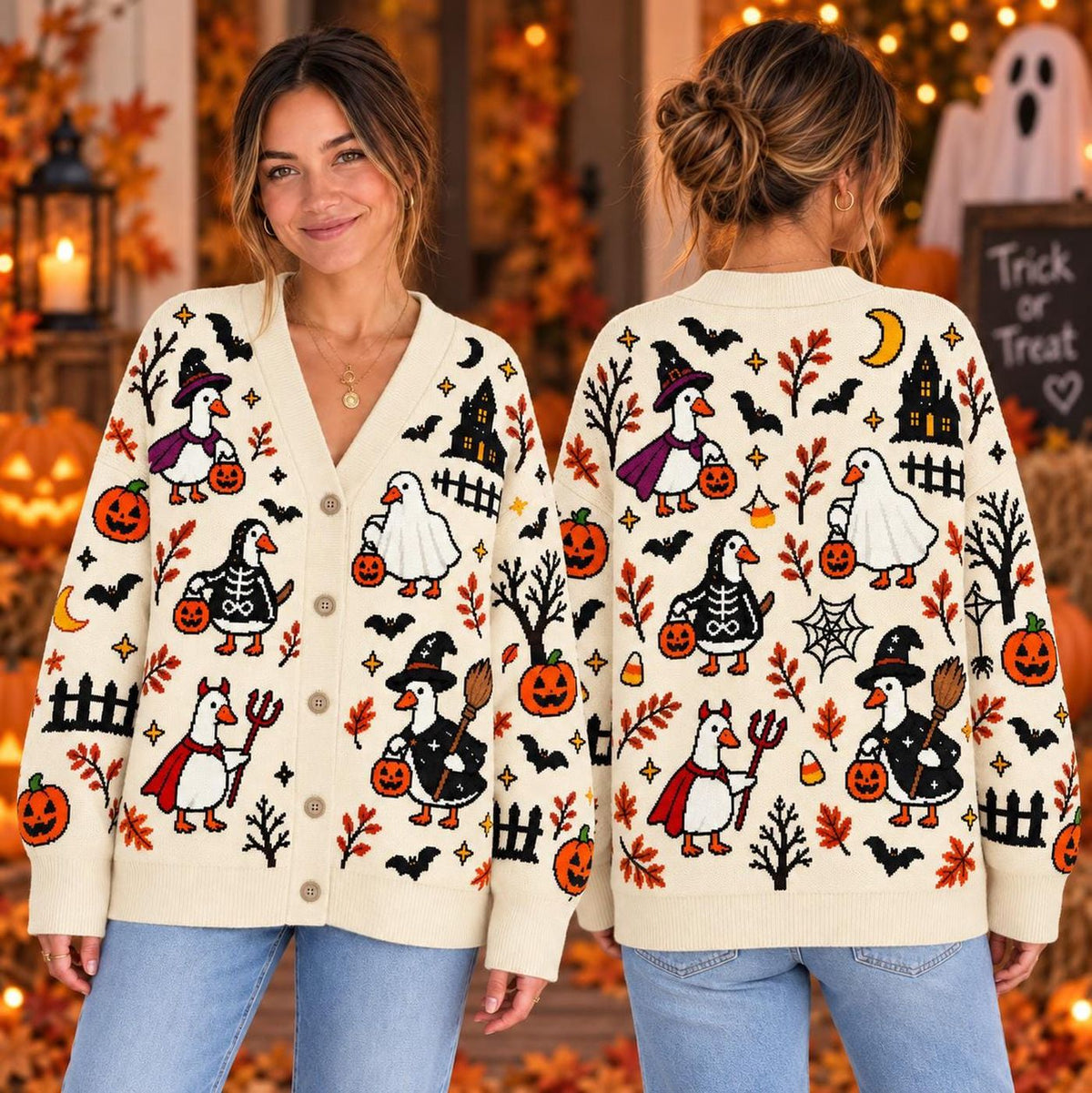 Halloween Goose Cardigan, Spooky Goose Sweater, Pumpkin Witch Bird Gift for Men Women
