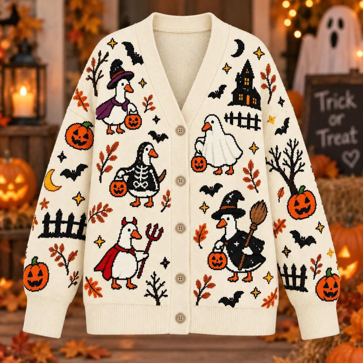 Halloween Goose Cardigan, Spooky Goose Sweater, Pumpkin Witch Bird Gift for Men Women