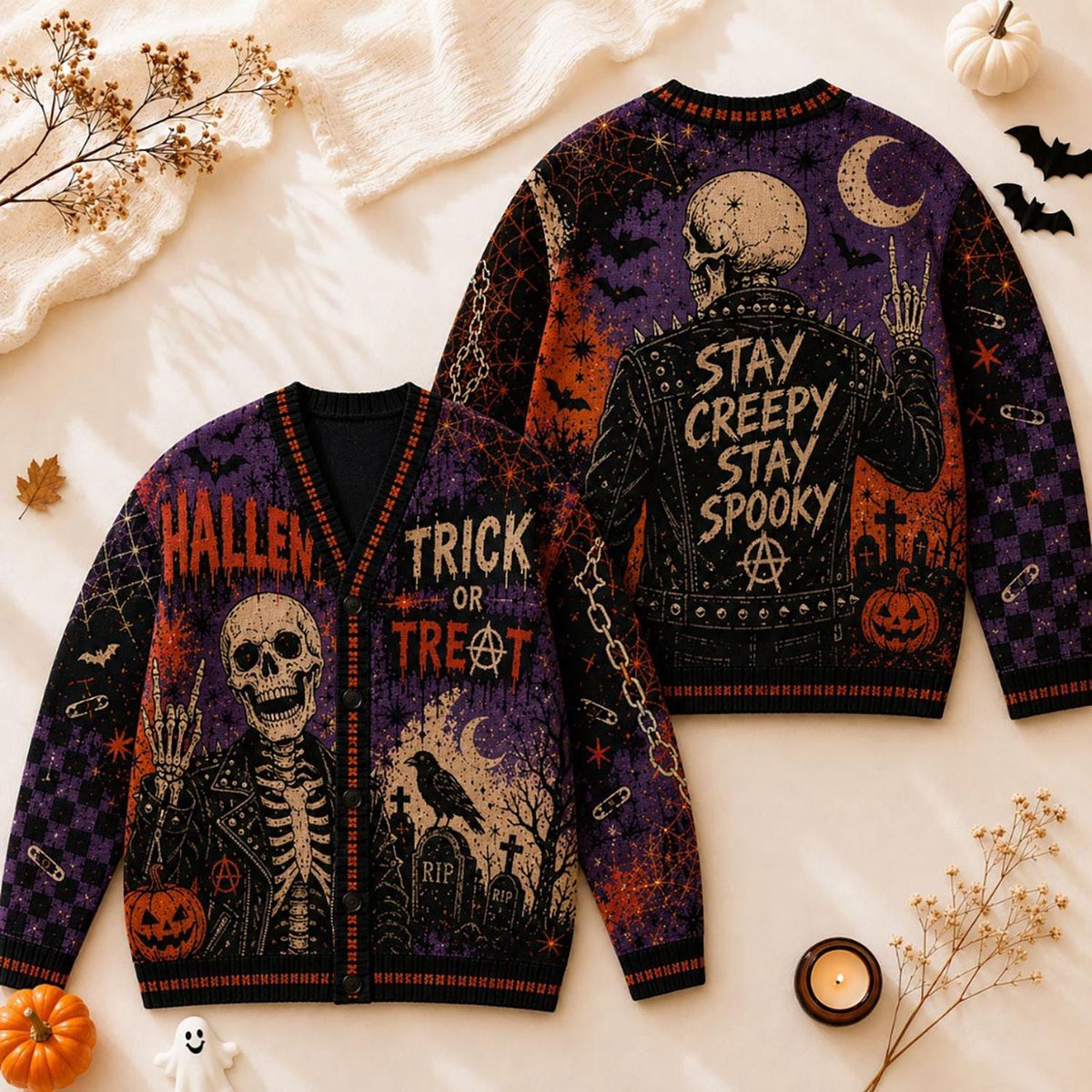 Halloween Skeleton Knitted Cardigan Gothic Skull Sweater Spooky Trick Or Treat