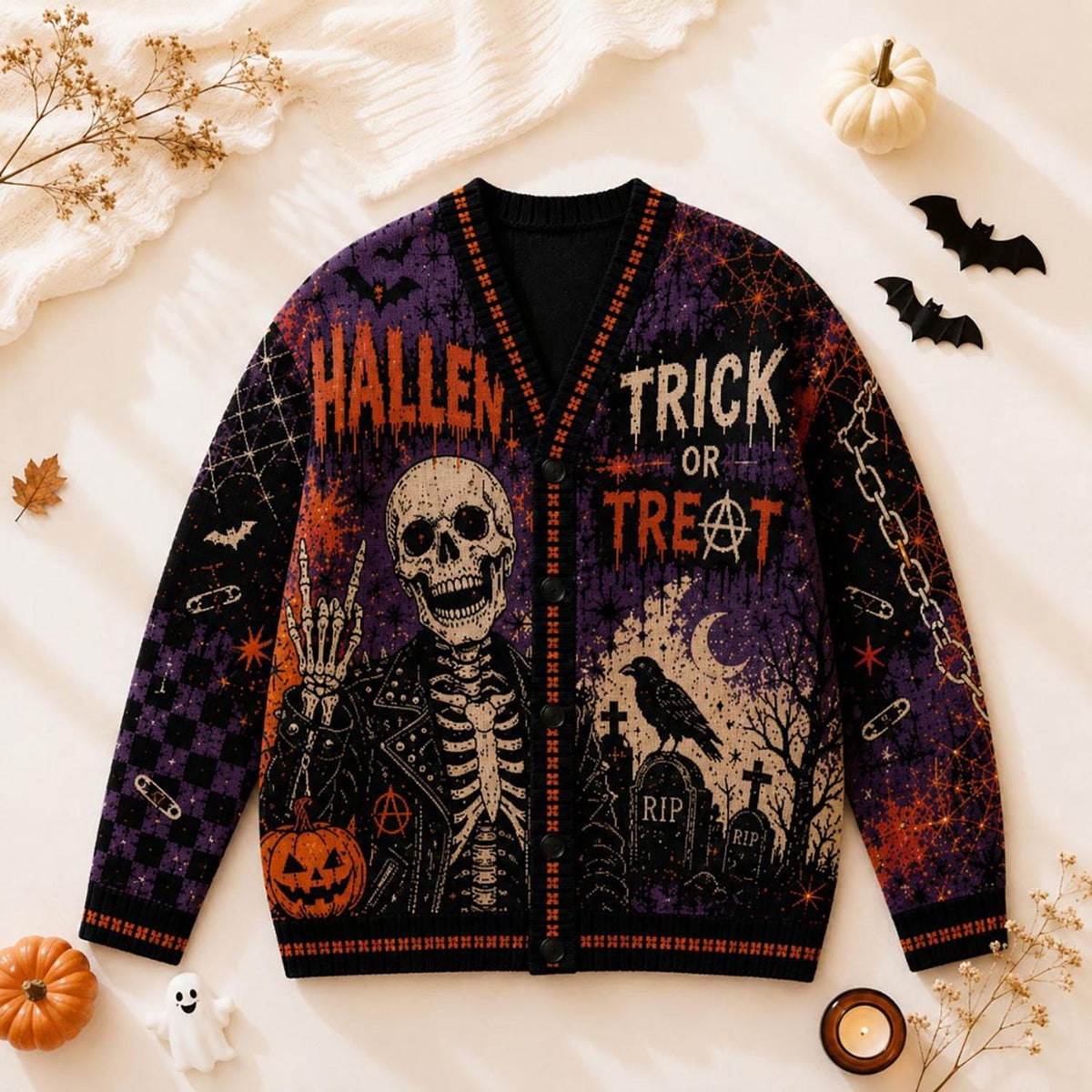 Halloween Skeleton Knitted Cardigan Gothic Skull Sweater Spooky Trick Or Treat
