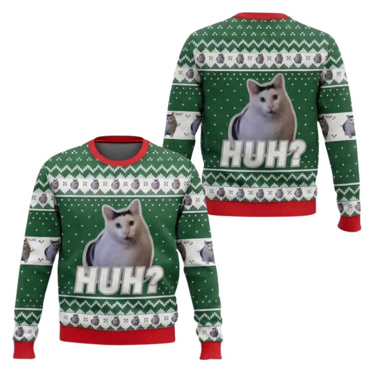 Funny Confused Cat Christmas Sweatshirt Green Red Holiday Pullover
