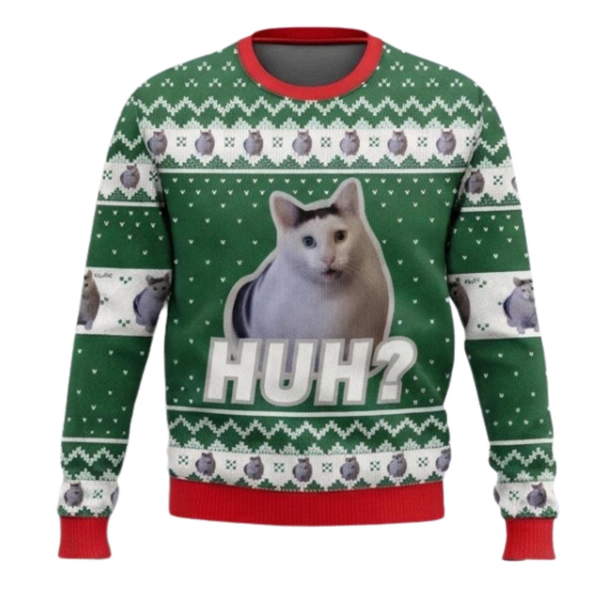 Funny Confused Cat Christmas Sweatshirt Green Red Holiday Pullover