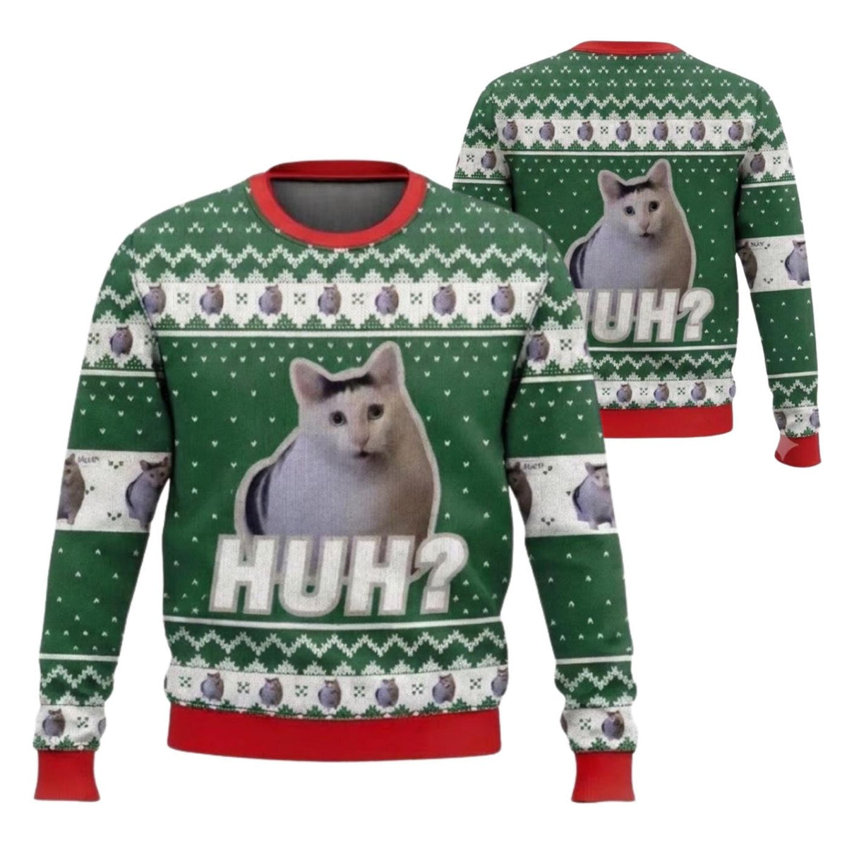 Huh Cat Meme Ugly Christmas Sweater, Funny Green and Red Unisex Holiday Party Pullover