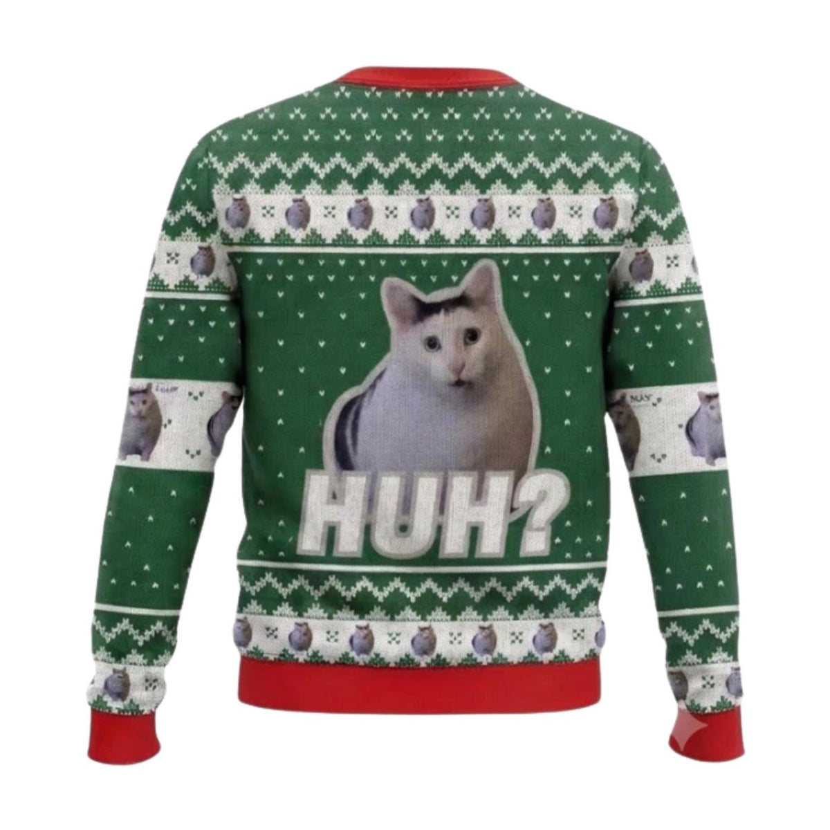Huh Cat Meme Ugly Christmas Sweater, Funny Green and Red Unisex Holiday Party Pullover