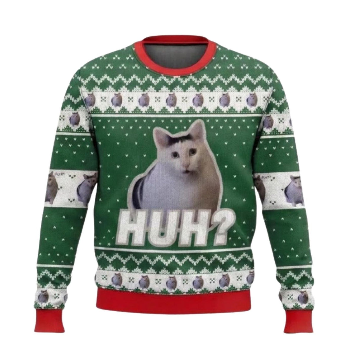 Huh Cat Meme Ugly Christmas Sweater, Funny Green and Red Unisex Holiday Party Pullover