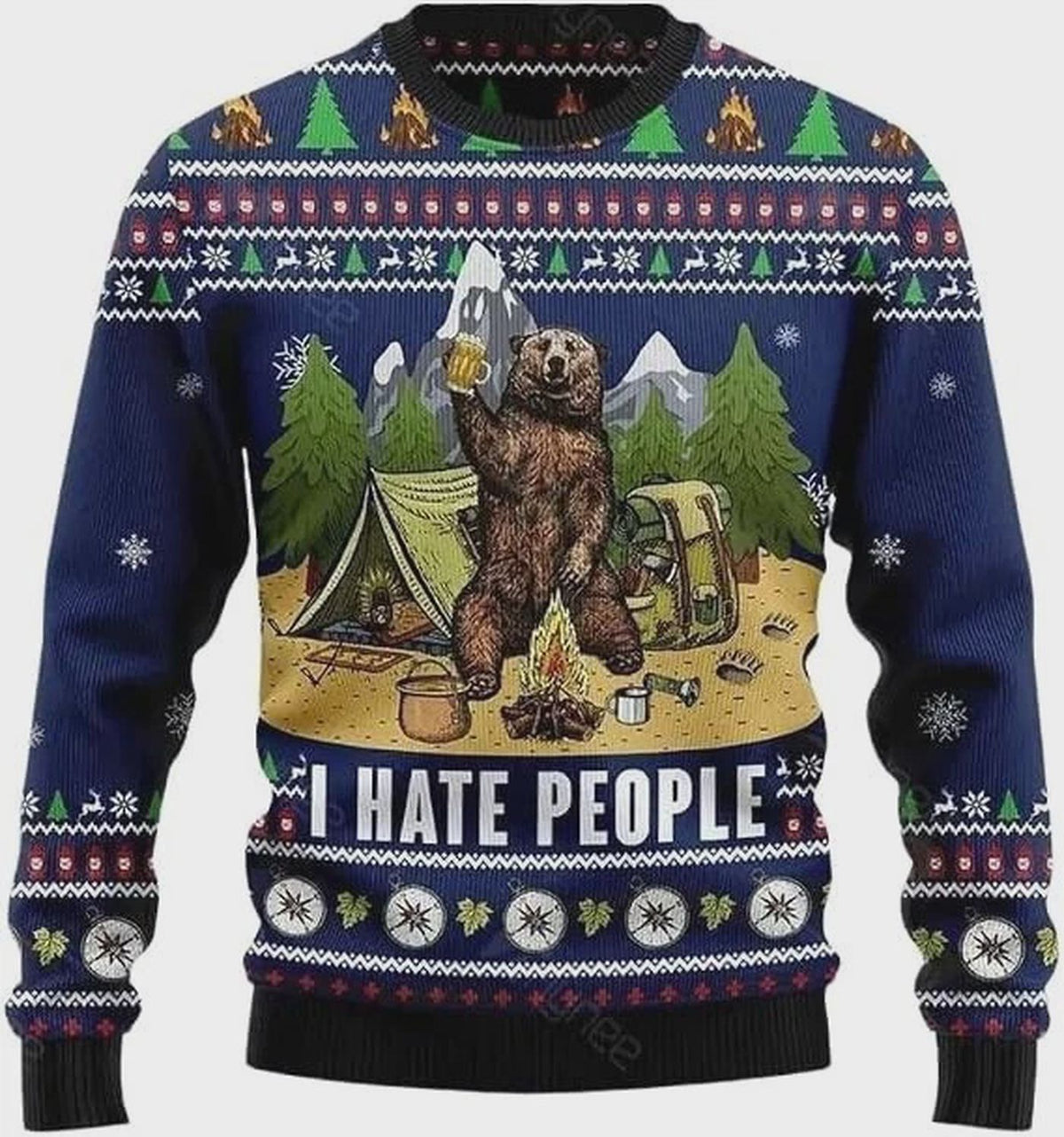 I Hate People Camping Bear Ugly Christmas Sweater Funny Unisex Xmas Sweatshirt
