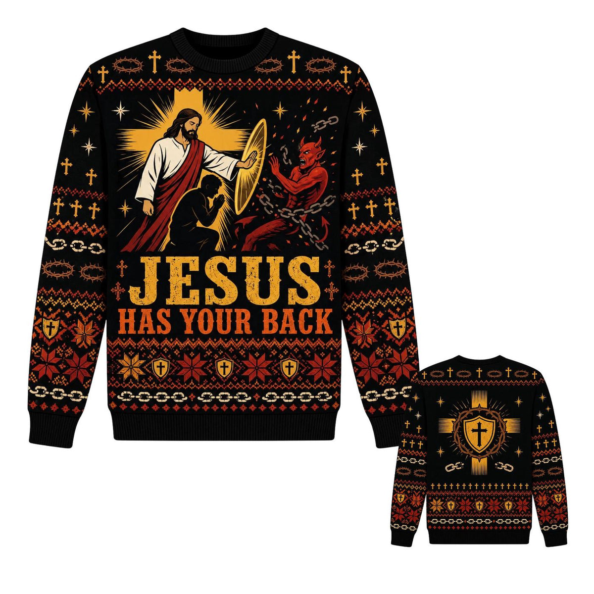Jesus Has Your Back Knitted Sweater Christian Christmas Ugly Faith Gift