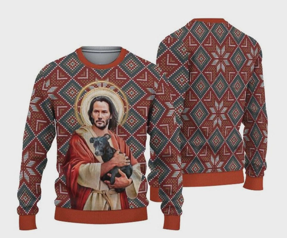 Jesus Keanu Reeves Dog Ugly Christmas Sweater Mens Womens Funny Xmas Crewneck