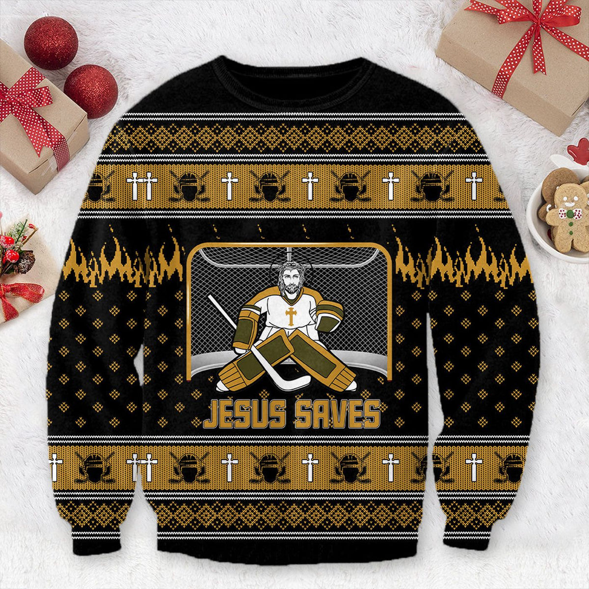Jesus Saves Hockey Man Christmas Ugly Sweater Canada Sweatshirt Player Pullover