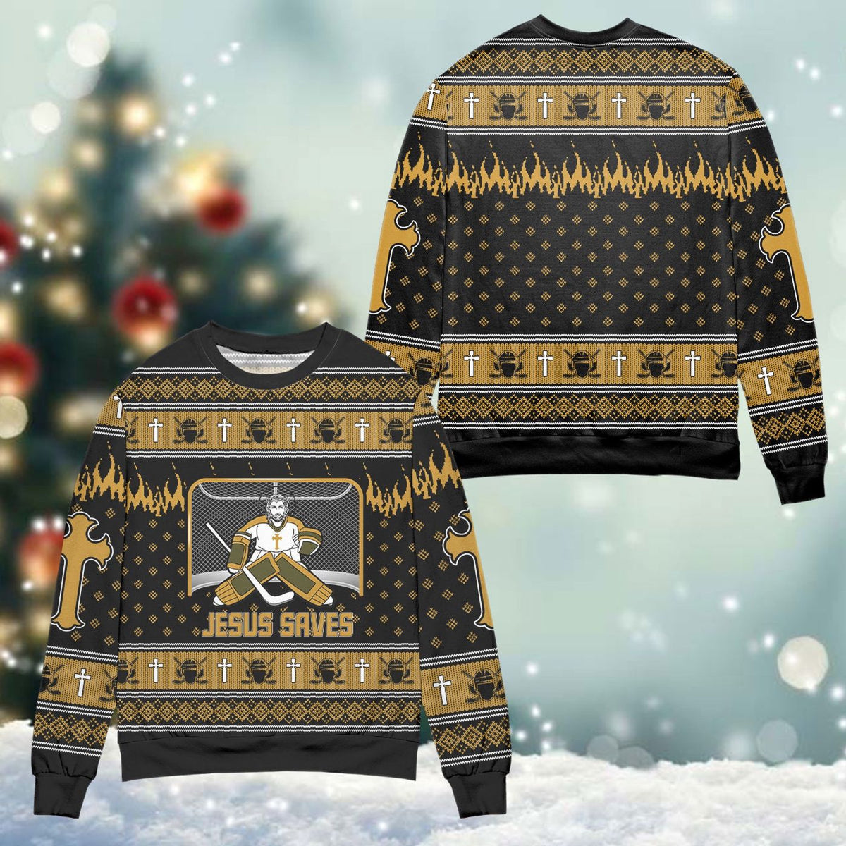 Jesus Saves Hockey Man Christmas Ugly Sweater Canada Sweatshirt Player Pullover
