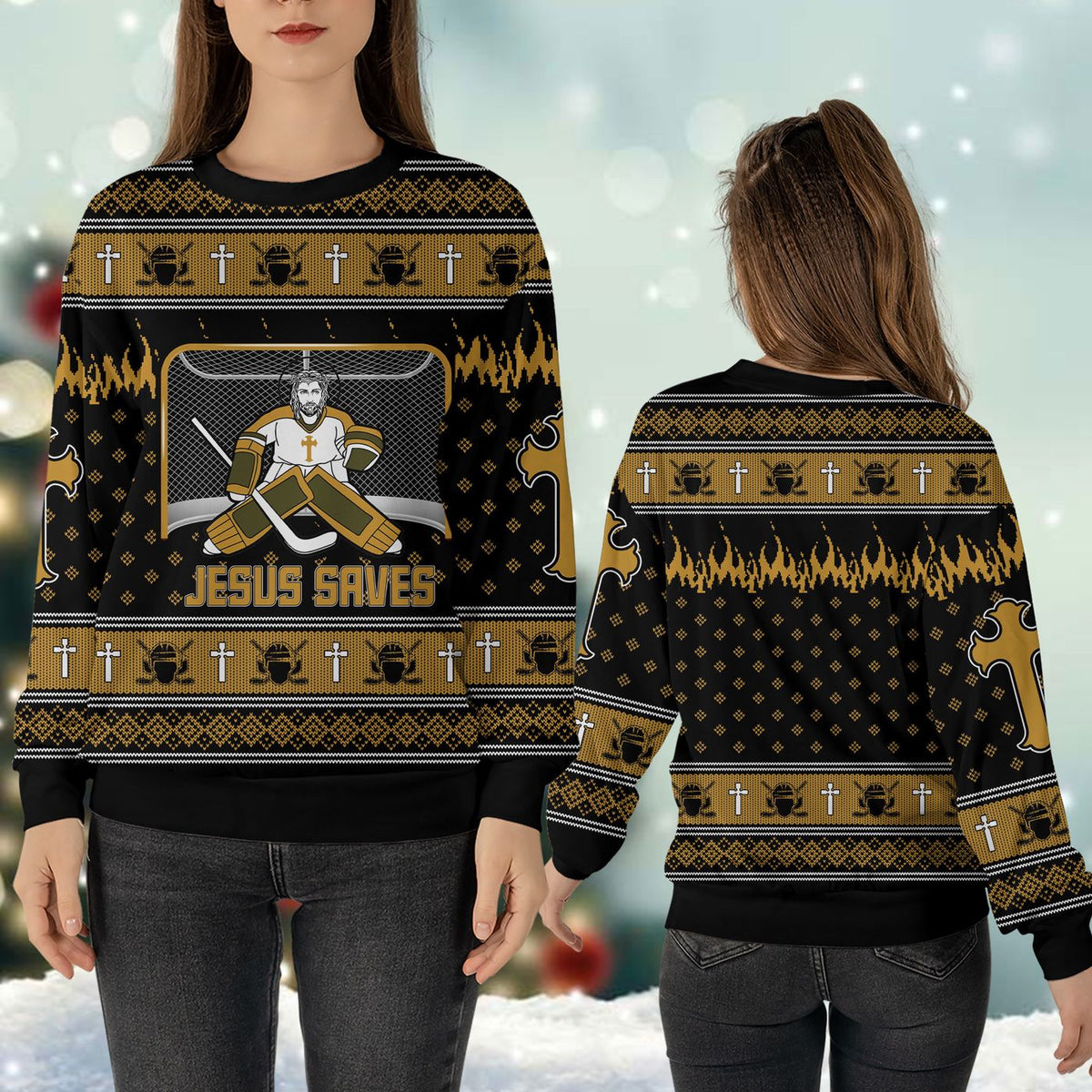 Jesus Saves Hockey Man Christmas Ugly Sweater Canada Sweatshirt Player Pullover