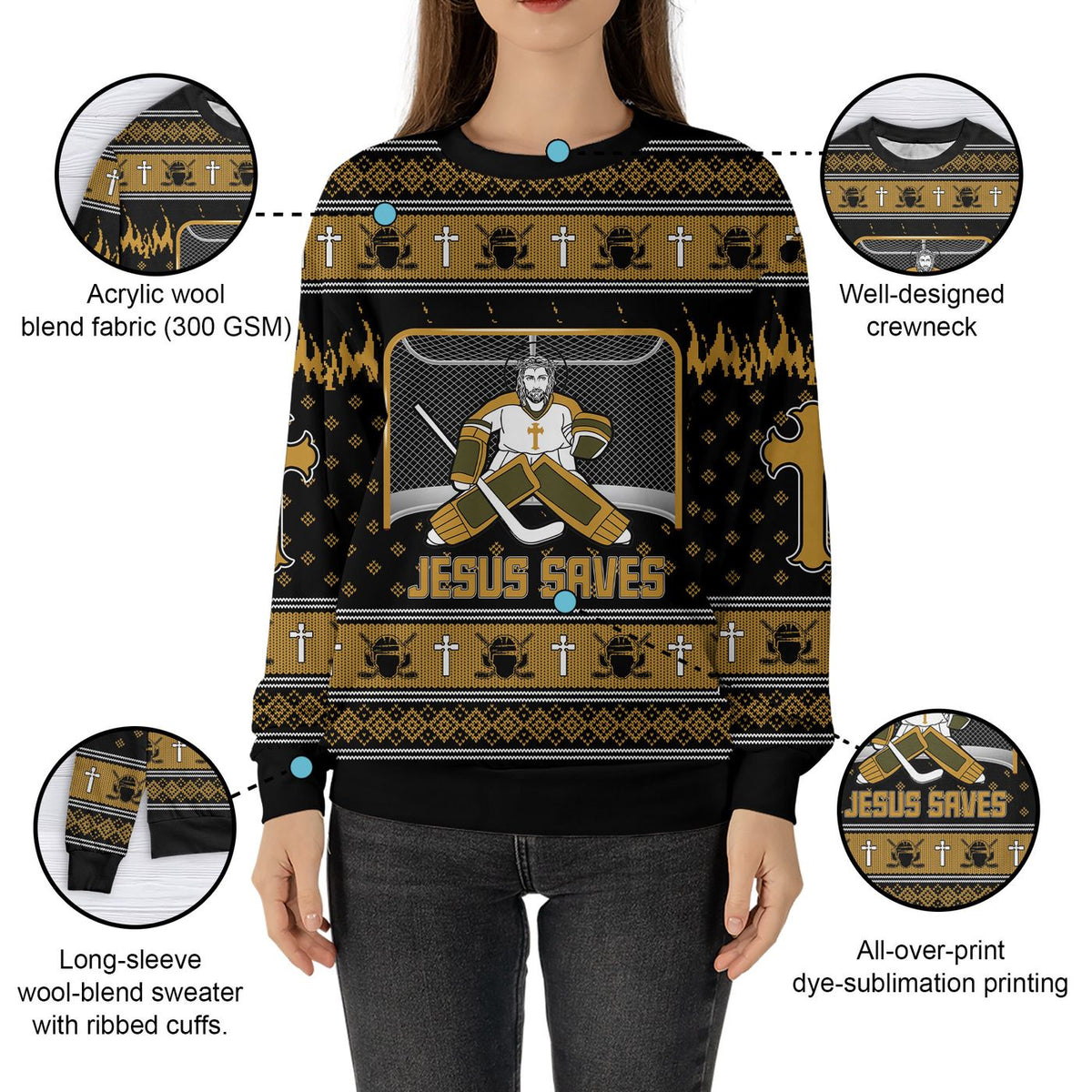 Jesus Saves Hockey Man Christmas Ugly Sweater Canada Sweatshirt Player Pullover