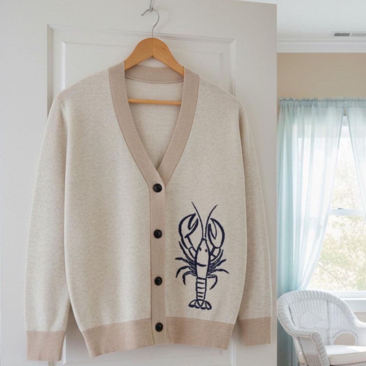Lobster Cardigan, Cotton Blend Button Front with Jacquard Knit Design