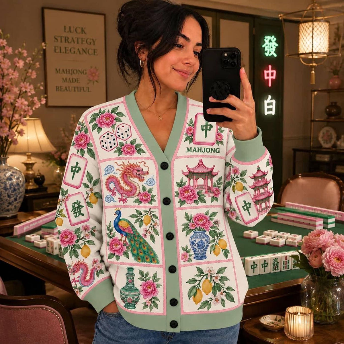 Mahjong Cardigan: Floral Tile, Dragon and Peony Knit Sweater