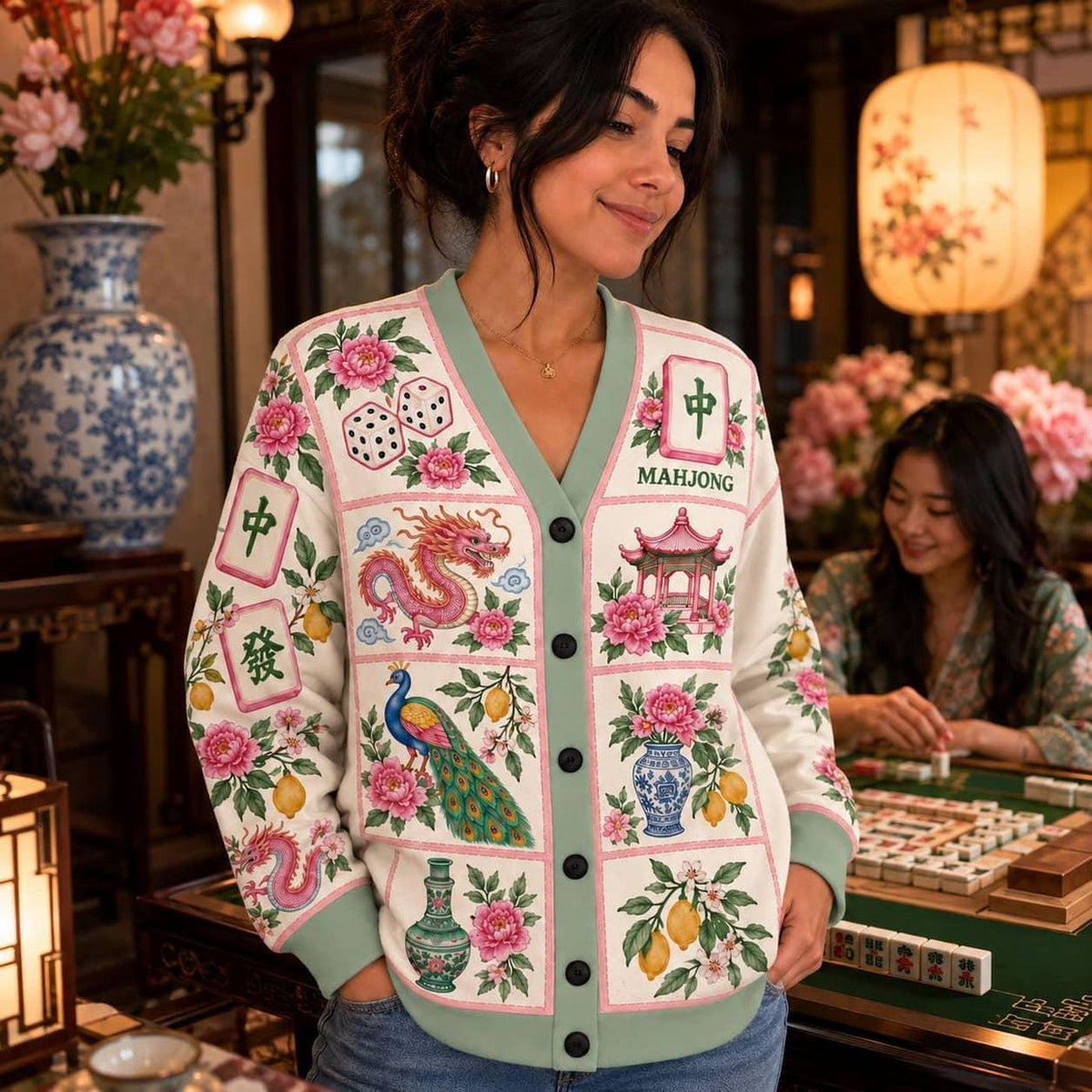 Mahjong Cardigan: Floral Tile, Dragon and Peony Knit Sweater