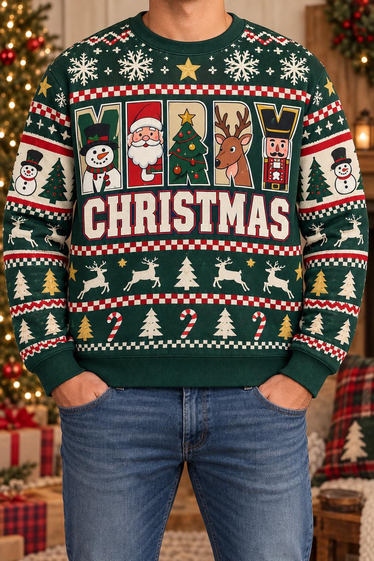 Merry Christmas Character Ugly Sweater, Santa Snowman Reindeer Nutcracker Holiday Sweatshirt, Festive Party Pullover