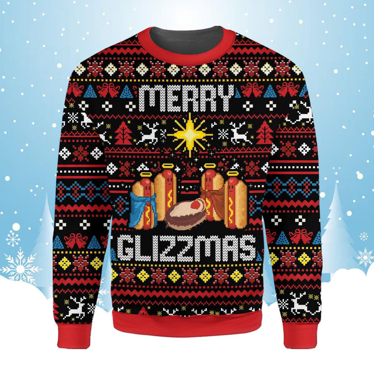Merry Glizzmas Funny Hot Dog Christmas Sweatshirt, Hilarious Food Pun Design, Fake Ugly Sweater, Fun Holiday Gift Party Outfit