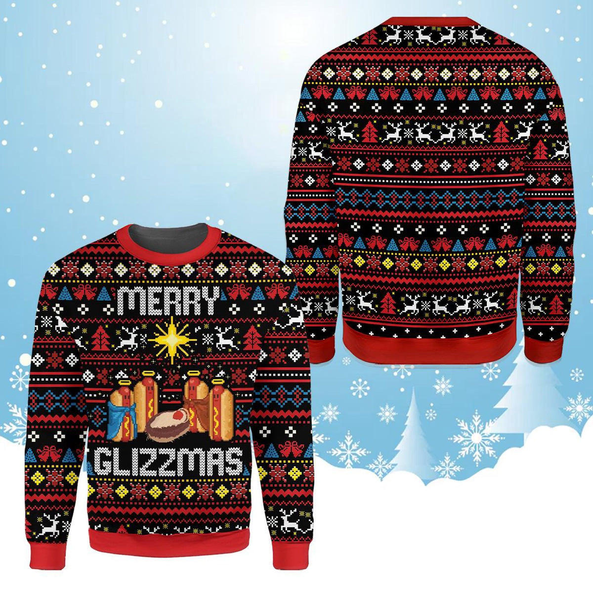Merry Glizzmas Funny Hot Dog Christmas Sweatshirt, Hilarious Food Pun Design, Fake Ugly Sweater, Fun Holiday Gift Party Outfit