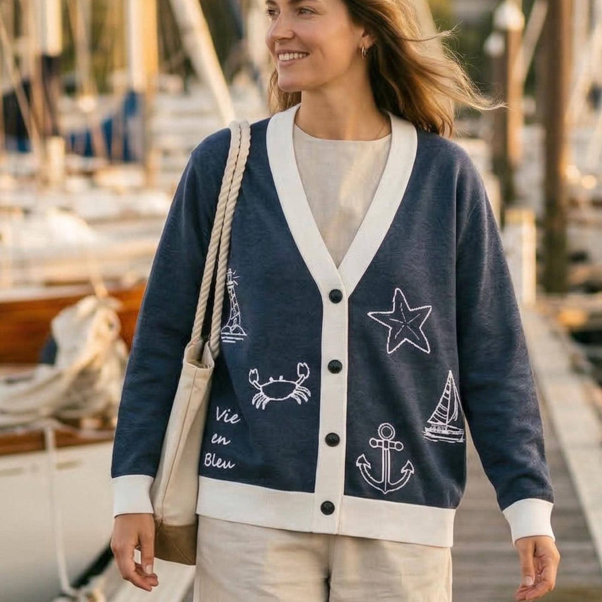 Nautical Knit Cardigan Navy Coastal Sweater Beach House Clothing Cotton Blend Anchor Crab Starfish Lighthouse Design Preppy Gift for Her