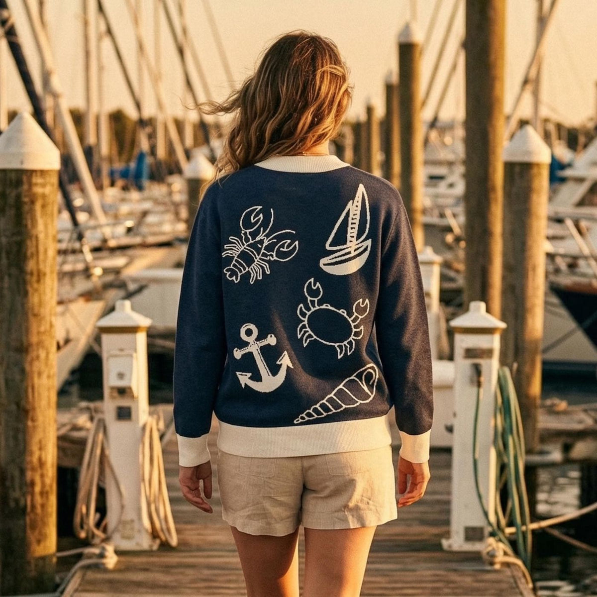 Nautical Knit Cardigan Navy Coastal Sweater Beach House Clothing Cotton Blend Anchor Crab Starfish Lighthouse Design Preppy Gift for Her