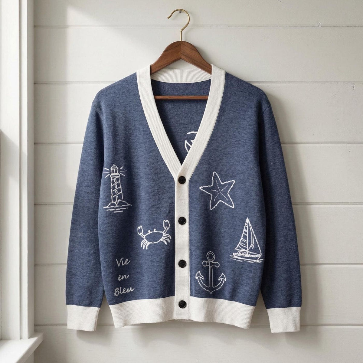 Nautical Knit Cardigan Navy Coastal Sweater Beach House Clothing Cotton Blend Anchor Crab Starfish Lighthouse Design Preppy Gift for Her