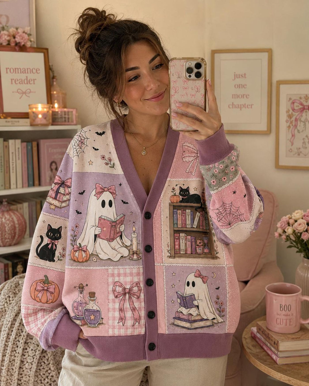 Patchwork Ghost Reading Book Cardigan Sweater: Halloween Black Cat Plaid Knitwear