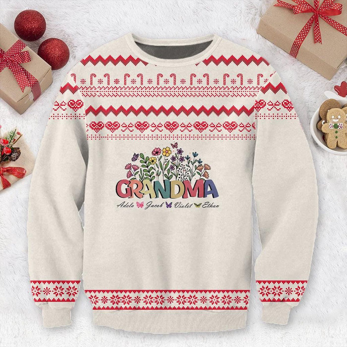 Personalize Floral Grandma Christmas Ugly Sweater Crewneck Sweatshirt