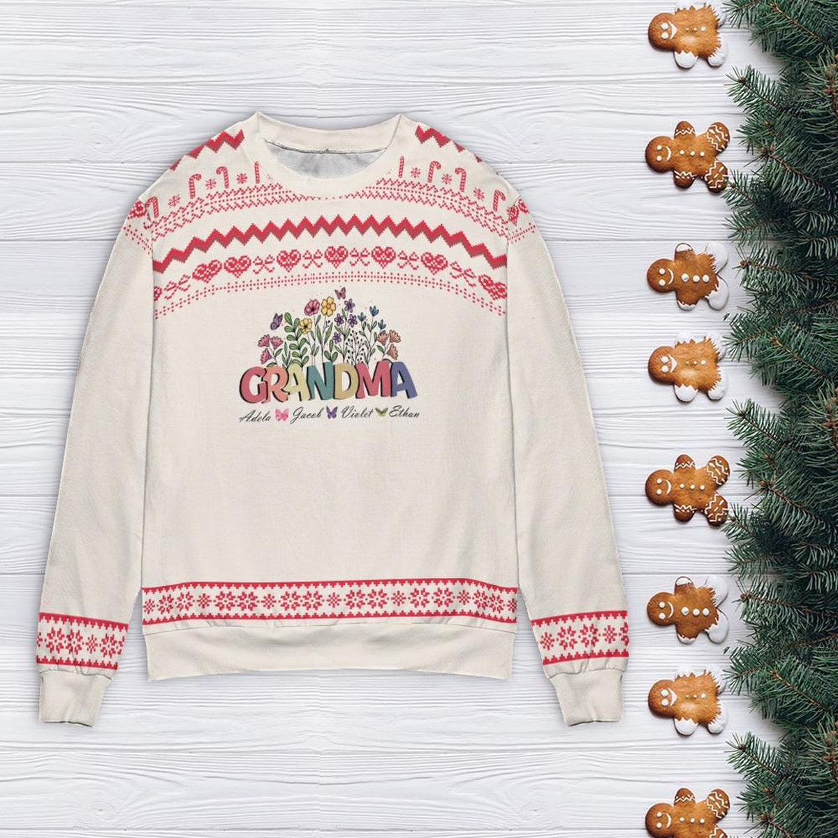 Personalize Floral Grandma Christmas Ugly Sweater Crewneck Sweatshirt
