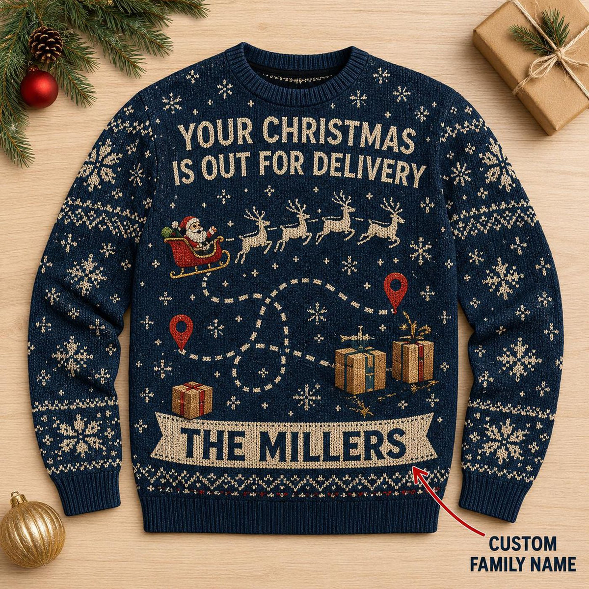 Personalized Christmas Delivery Ugly Sweater, Custom Family Name Santa Sleigh Sweatshirt, Funny Holiday Party Pullover